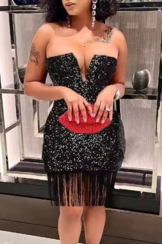 Sequins Sleeveless Fringed Trim Wrapped Skirt Formal Party Evening Bodycon Tube Mini Dresses