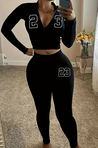 Sportwear Street Digital Print Zipper Collar Long Sleeve Crop Hooded Sweatshirt And Skinny Pants Two Pieces Sweatpants Sets