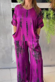 Casual Graphics Print O Neck Half Sleeve Oversize Blouse And Wide Leg Pants Vacation Two Pieces Trouser Sets