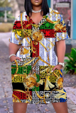 Casual Graphics Print Basic V Neck Short Sleeve Loose Pockets Midi T-Shirt Dress