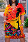 Casual Graphics Print Basic V Neck Short Sleeve Loose Pockets Midi T-Shirt Dress