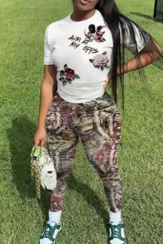 Sportwear Casual Graphics Print O Neck Short Sleeve Slim Fitted T-shirt And Skinny Pants Two Pieces Sweatpants Sets