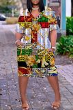 Casual Graphics Print Basic V Neck Short Sleeve Loose Pockets Midi T-Shirt Dress