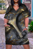 Casual Graphics Print Basic V Neck Short Sleeve Loose Pockets Midi T-Shirt Dress