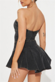 Casual Strapless Sleeveless Pleated Bodycon Denim Tube Mini Dresses