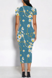 Casual Floral Print O Neckt Short Sleeve One Step Skirt Vacation Bodycon Midi T-shirt Dress