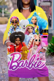 Casual Barbie Graphics Print Basic V Neck Short Sleeve Pockets Loose Midi T-shirt Dress