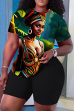 Casual Figure Print O Neck Short Sleeve Oversize T-Shirt And Shorts Two Pieces Shorts Sets
