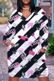 Casual Graphics Print Basic V Neck Short Sleeve Pockets Loose Midi T-shirt Dress