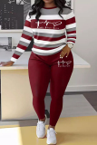 Sportwear Casual Stripe Print O Neck Long Sleeve Oversize Tops And Skinny Pants Two Pieces Sweatpant Sets