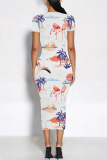 Casual Floral Print O Neckt Short Sleeve One Step Skirt Vacation Bodycon Midi T-shirt Dress