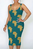 Casual Geometric Print U Neck Sleeveless Vacation Bodycon Midi Tank Dress