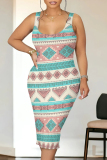 Casual Geometric Print U Neck Sleeveless Vacation Bodycon Midi Tank Dress