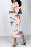Casual Floral Print O Neckt Short Sleeve One Step Skirt Vacation Bodycon Midi T-shirt Dress