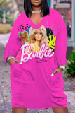 Casual Barbie Graphics Print Basic V Neck Short Sleeve Pockets Loose Midi T-shirt Dress