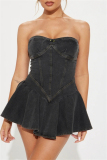 Casual Strapless Sleeveless Pleated Bodycon Denim Tube Mini Dresses