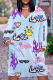 Casual Graphics Print Basic V Neck Short Sleeve Pockets Loose Midi T-shirt Dress