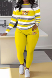 Sportwear Casual Stripe Print O Neck Long Sleeve Oversize Sweatershit And Skinny Pants Two Pieces Sweatpant Sets