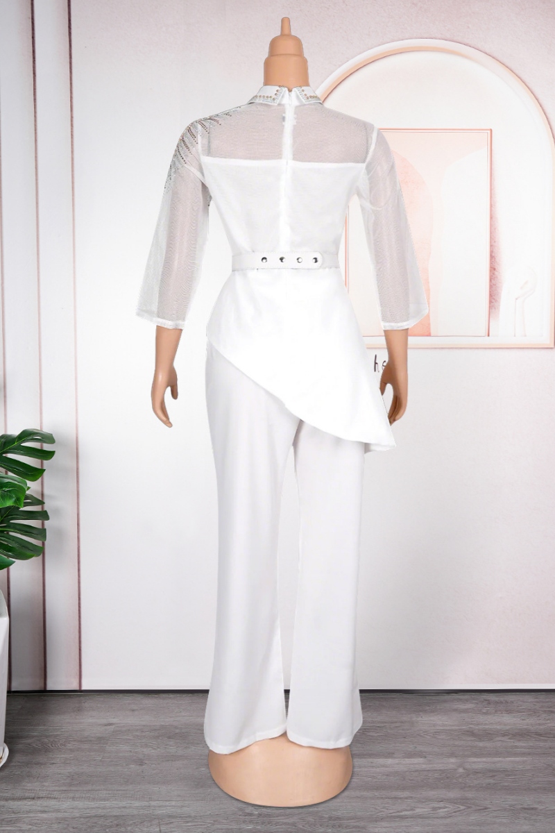 Celebrities Elegant Solid Hot Drill Turndown Collar Long Sleeve Two Pieces(No tie)