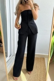 Backless Strapless Sleeveless Buttons Tube Tops And Wide Leg Pants Formal Office Lady Two Pieces Suit Set