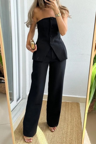 Backless Strapless Sleeveless Buttons Tube Tops And Wide Leg Pants Formal Office Lady Two Pieces Suit Set