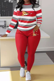 Sportwear Casual Stripe Print O Neck Long Sleeve Oversize Sweatershit And Skinny Pants Two Pieces Sweatpant Sets