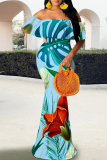 Tropical Print Off Shoulder Long Flutter Sleeve Mermaid Hem Vacation Boho Style Maxi Dresses