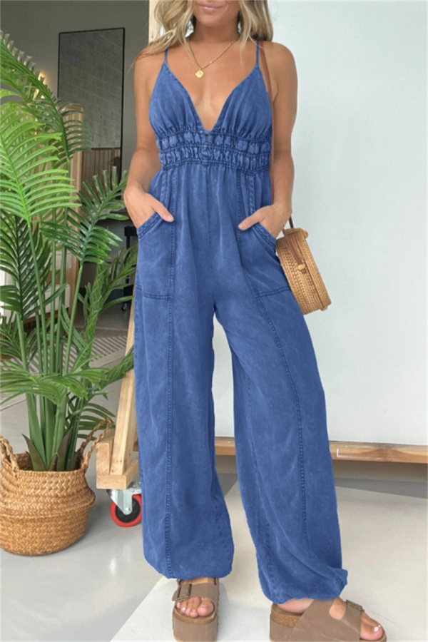 Casual Sleeveless Backless Deep V Neck Slim Fitted Vacation Cami Jumpsuits
