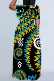 Casual Boho Geometric Print V Neck Short Sleeve Baggy Vacation Plus Size T-shirts Maxi Dresses