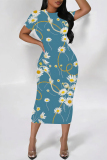 Casual Floral Print O Neckt Short Sleeve One Step Skirt Vacation Bodycon Midi T-shirt Dress