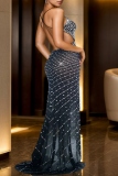 Hot Drilling Backless Sleeveless Spaghetti Strap High Waist Long Formal Party Evening Bodycon Maxi Slip Dress