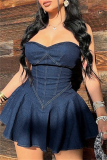 Casual Strapless Sleeveless Pleated Bodycon Denim Tube Mini Dresses