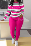 Sportwear Casual Stripe Print O Neck Long Sleeve Oversize Tops And Skinny Pants Two Pieces Sweatpant Sets