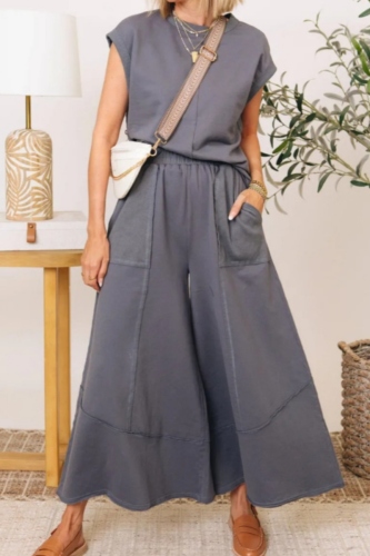 Casual O Neck Regular Sleeve T-shirt And Pocket Flare Leg Pants Vacation Two Pieces Dress Set