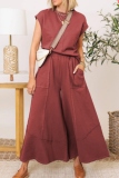 Casual O Neck Regular Sleeve T-shirt And Pocket Flare Leg Pants Vacation Two Pieces Dress Set