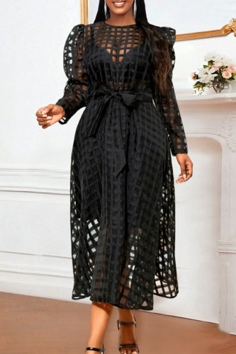 Casual Solid See-through O Neck Long Sleeve Dresses