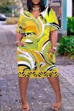 Casual Graphics Print Basic V Neck Short Sleeve Loose Pockets Midi T-Shirt Dress