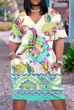 Casual Graphics Print Basic V Neck Short Sleeve Loose Pockets Midi T-Shirt Dress