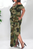 Casual Graphcis Print Backless Spaghetti Strap Cold Shoulder Short Sleeve Side Slit Irregular Hem Pocket Vacation Plus Size Maxi Dresses