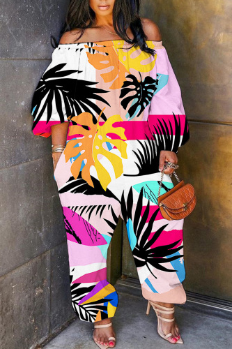 Casual Graphics Print Off Shoulder Long Sleeve Vacation Loose Harem Jumpsuit