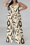 Casual Graphcis Print Backless Sleeveless Lace Up Loose Vacation Halter Wide Leg Jumpsuits(With a turban)