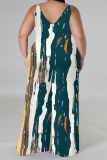Casual Graphcis Print Backless Sleeveless Lace Up Loose Vacation Halter Wide Leg Jumpsuits(With a turban)