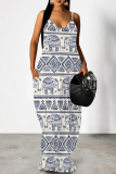 Casual Geometric Print Backless Spaghetti Strap Floor Length Vacation Baggy Sundress Slip Maxi Dress