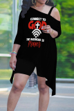 Casual Face Print  Sloping Shoulder Irregular Hollow Out T-shirt And Shorts Plus Size Two Pieces Shorts Sets