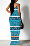 Casual Geometric Print Backless Spaghetti Strap Floor Length Vacation Baggy Sundress Slip Maxi Dress