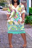 Casual Graphics Print Basic V Neck Short Sleeve Loose Pockets Midi T-Shirt Dress