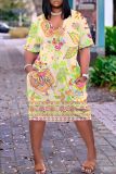 Casual Graphics Print Basic V Neck Short Sleeve Loose Pockets Midi T-Shirt Dress