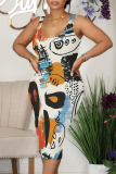 Casual Graphics Print U Neck Sleeveless Vacation Bodycon Midi Tank Dress