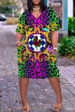 Casual Graphics Print Basic V Neck Short Sleeve Loose Pockets Midi T-Shirt Dress