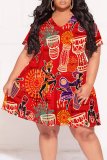 Casual Boho Graphics Print V Neck Short Sleeve Ruffle Hem Vacation Plus Size A Line Mini Dresses